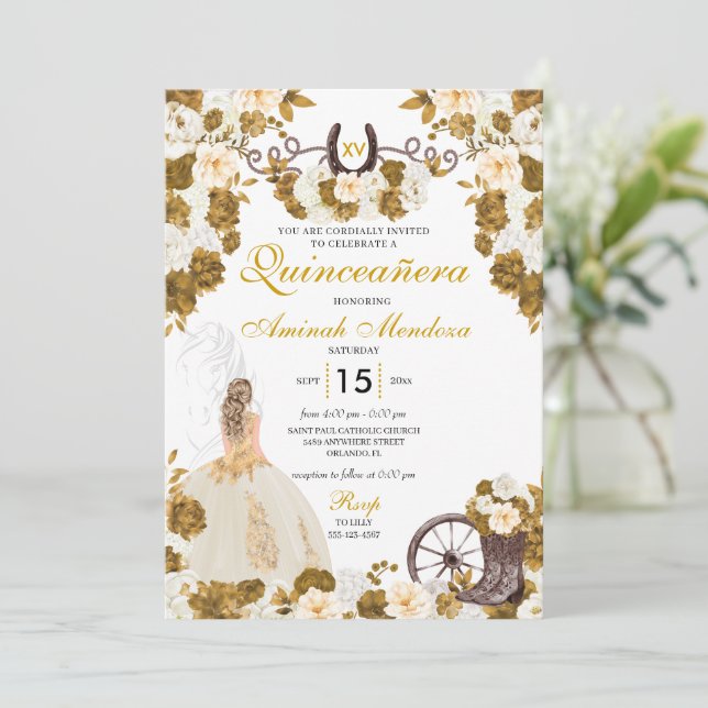 Invitación Oro Oeste Ivory Charro Cowgirl Quinceañera (Anverso de pie)