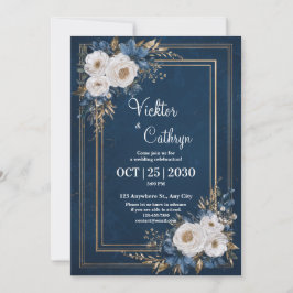 Invitación Oro Opulento Rosa Floral Azul Marino Blanco Boda