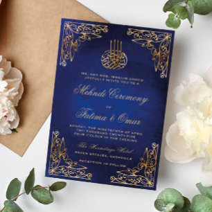 Invitación Oro Ornate Azul Ceremonia de Henna Mehndi