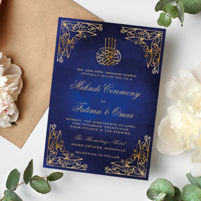 Invitación Oro Ornate Azul Ceremonia de Henna Mehndi (Subido por el creador)