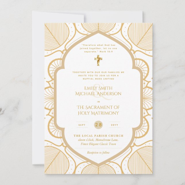 Invitación Oro Ornato Blanco Católico Boda de Masa Nupcial (Anverso)