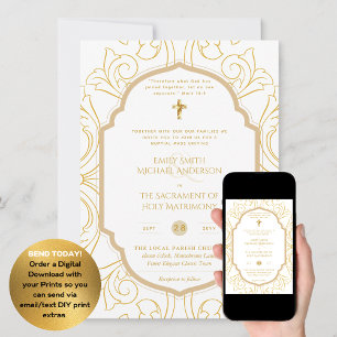 Invitación Oro Ornato Blanco Católico Boda de Masa Nupcial