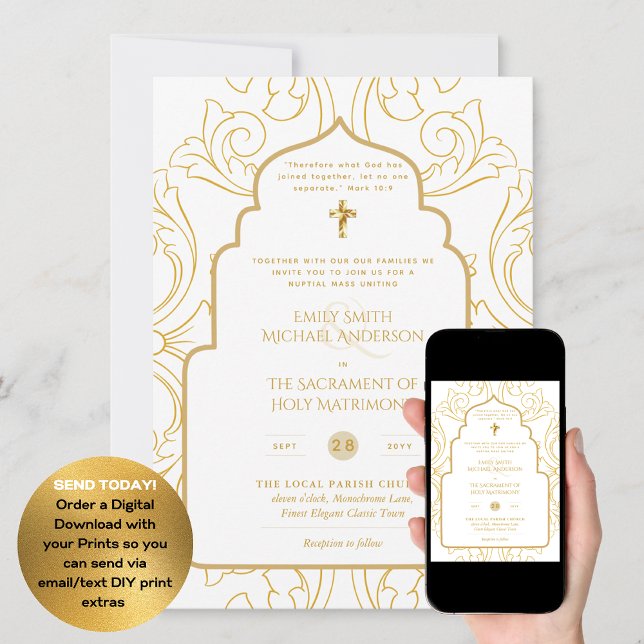 Invitación Oro Ornato Blanco Católico Boda de Masa Nupcial (Subido por el creador)