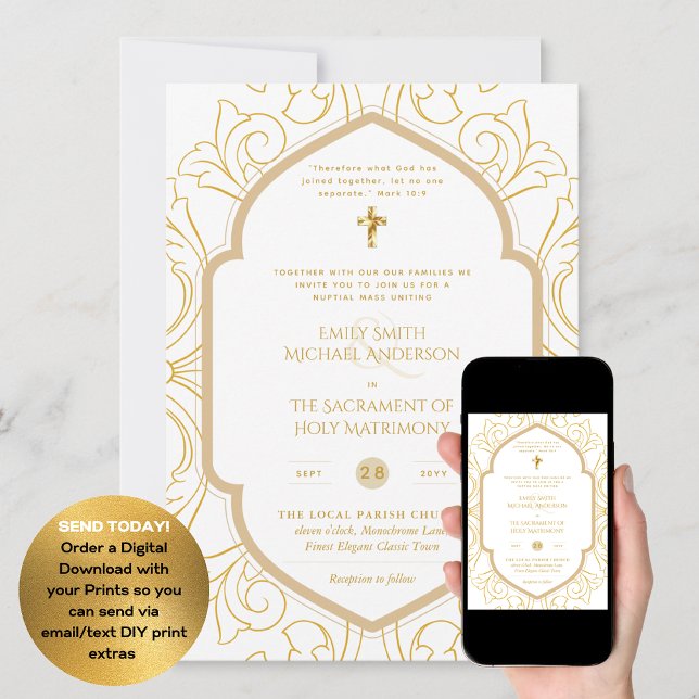 Invitación Oro Ornato Blanco Católico Boda de Masa Nupcial (Subido por el creador)
