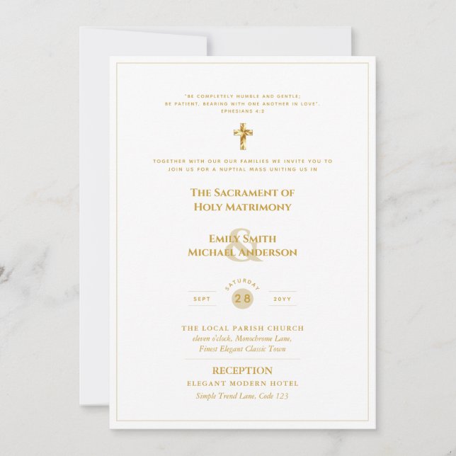 Invitación Oro Ornato Blanco Católico Boda de Masa Nupcial (Anverso)