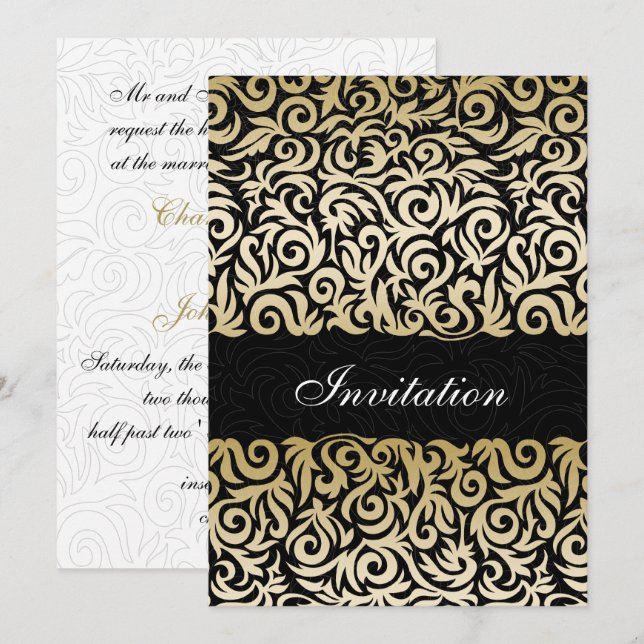 Invitación Oro oscuro y Boda de la frontera de Swiling negro (Anverso / Reverso)