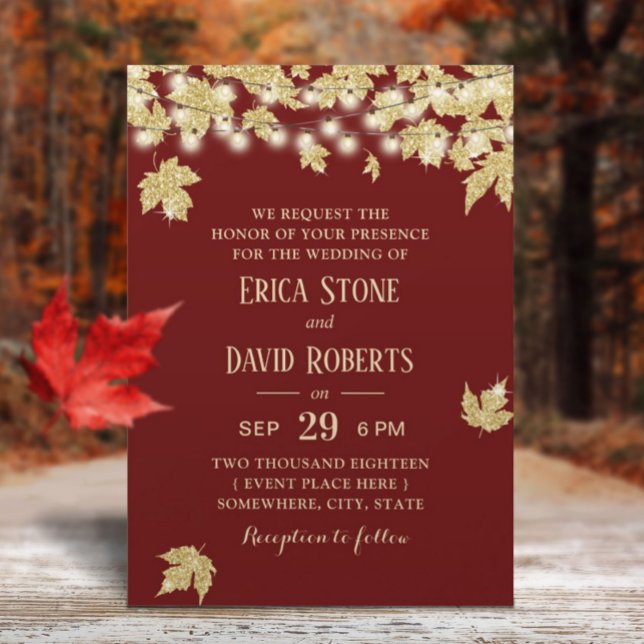 Invitación Oro otoño deja la boda de otoño borgoña roja (Subido por el creador)