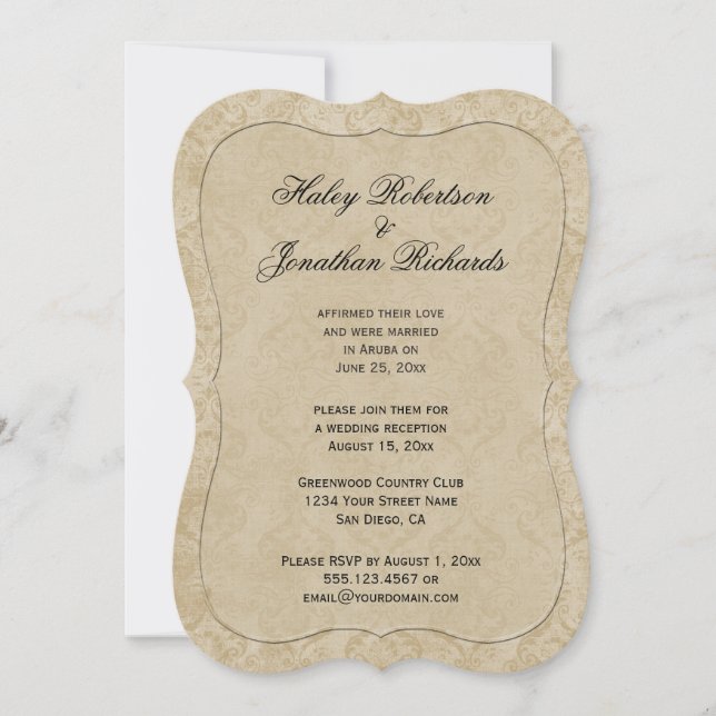 Invitación Oro Pálido Tan Damasco Recepción Sólo (Anverso)