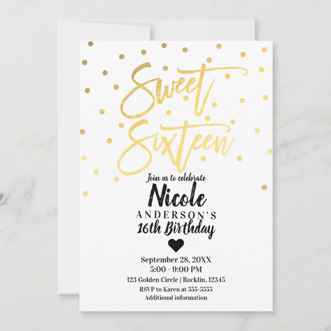 Invitación Oro Papel Glam Moderno Script Dulces 16 Dieciséis (Anverso)