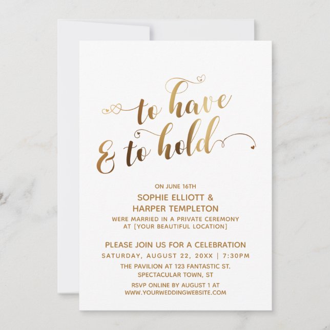 Invitación Oro para tener y celebrar la celebración post-Boda (Anverso)