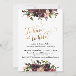 Invitación Oro para tener y sostener una floral borgoñona roj