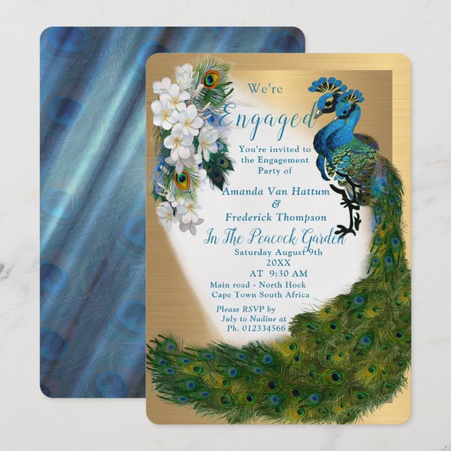 Invitación Oro, pavos reales, plumas sobre seda verde esmeral (Anverso / Reverso)