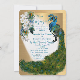 Invitación Oro, pavos reales, plumas sobre seda verde esmeral