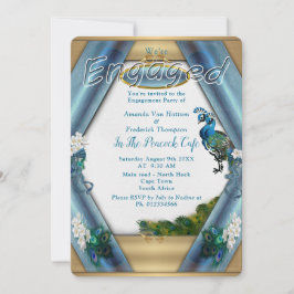 Invitación Oro, pavos reales, plumas y seda verde esmeralda