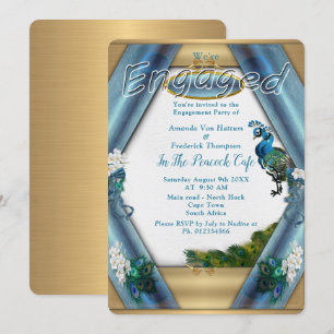 Invitación Oro, pavos reales, plumas y seda verde esmeralda