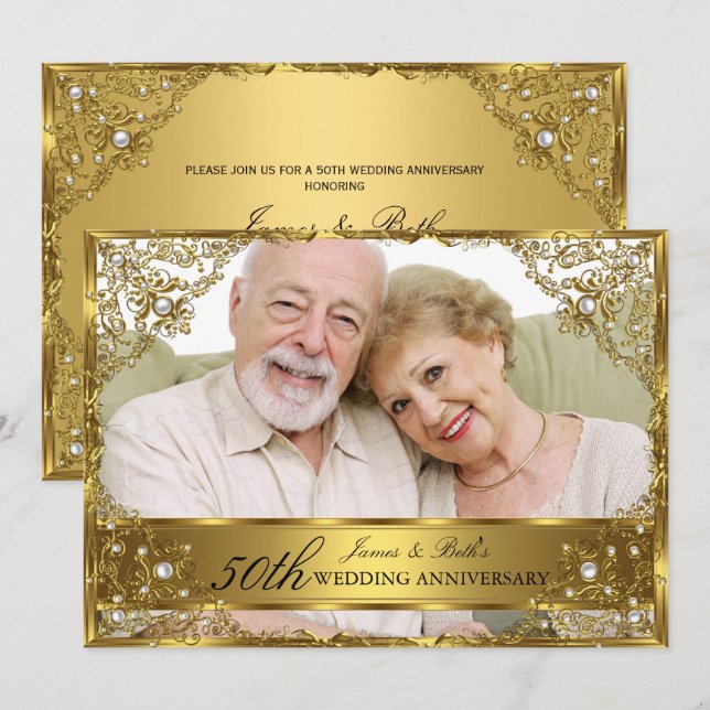 Invitación Oro Pearl Damask Foto 50º aniversario del Boda (Anverso / Reverso)