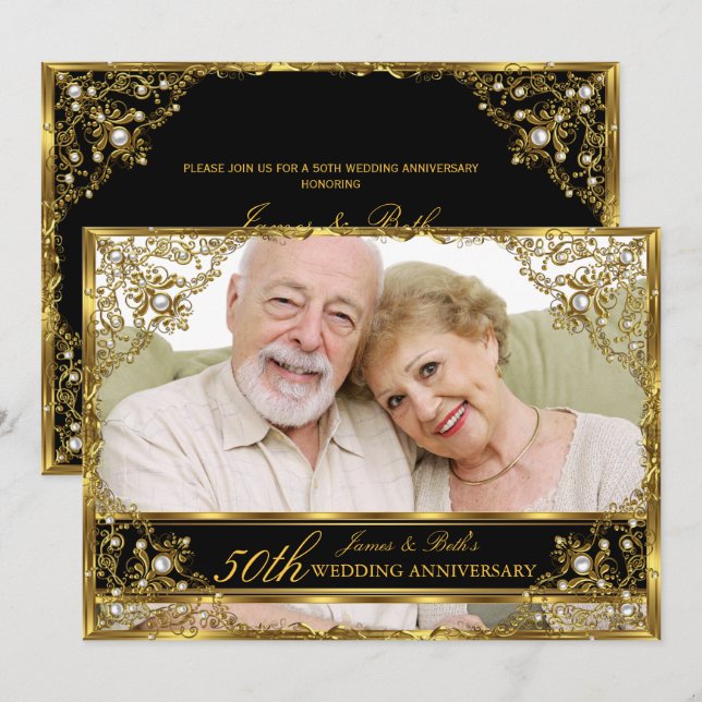 Invitación Oro Pearl Damask Foto 50 aniversario Boda 2 (Anverso / Reverso)