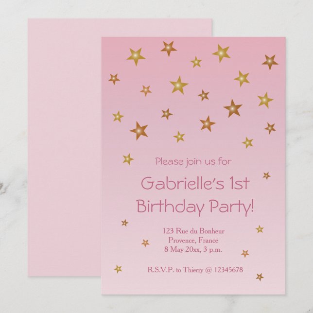 Invitación Oro Pink Little Stars Sweet Baby Kids Cumpleaños (Anverso / Reverso)