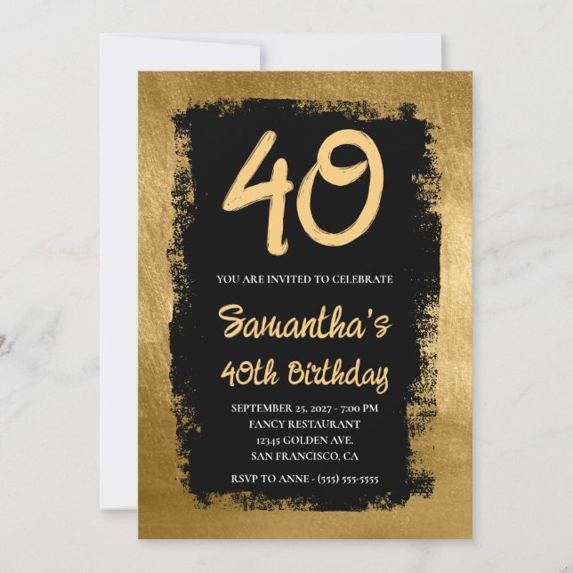 Invitación Oro pintado negro 40 cumpleaños (Anverso)