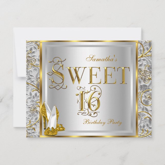 Invitación Oro Plata Blanco Dulce Dieciséis Cumpleaños Fiesta (Anverso)