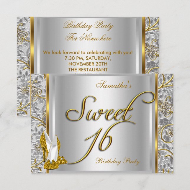 Invitación Oro Plata Blanco Dulce Dieciséis Cumpleaños Fiesta (Anverso / Reverso)