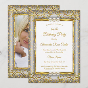 Invitación Oro Plata Gris Blanco Perla Foto Fiesta de Cumplea