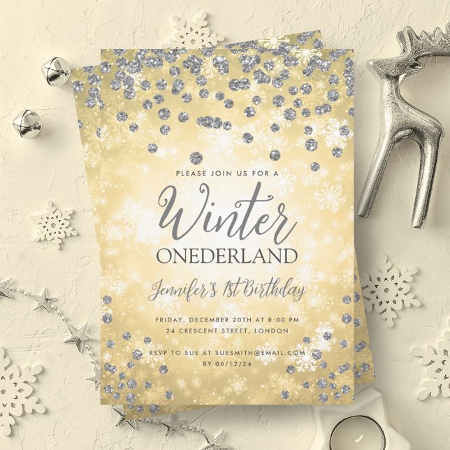 Invitación Oro Plata Invierno ONEDERLAND 1º cumpleaños (Gold Silver Winter ONEDERLAND 1st Birthday Invitation)