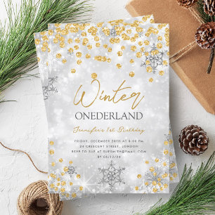 Invitación Oro Plateado Invierno ONEDERLAND Sparkle 1er cumpl