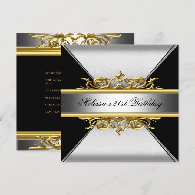 Invitación Oro plateado negro sobre Fiesta de cumpleaños 21 n (Anverso / Reverso)
