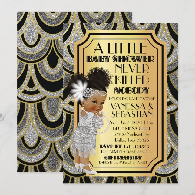 Invitación Oro plateado y flapor negro Chica afroamericano (Anverso / Reverso)