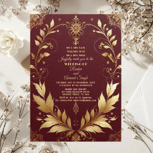 Invitación Oro Propicio Ornato Rojo Oscuro Hojas Floreadas In