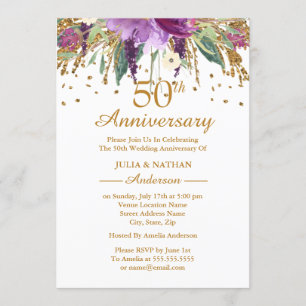 Invitación Oro Púrpura Ametista Floral 50 Aniversario
