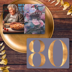 Invitación Oro Púrpura Azul Hidrángulos 80.ª Foto de cumpleañ
