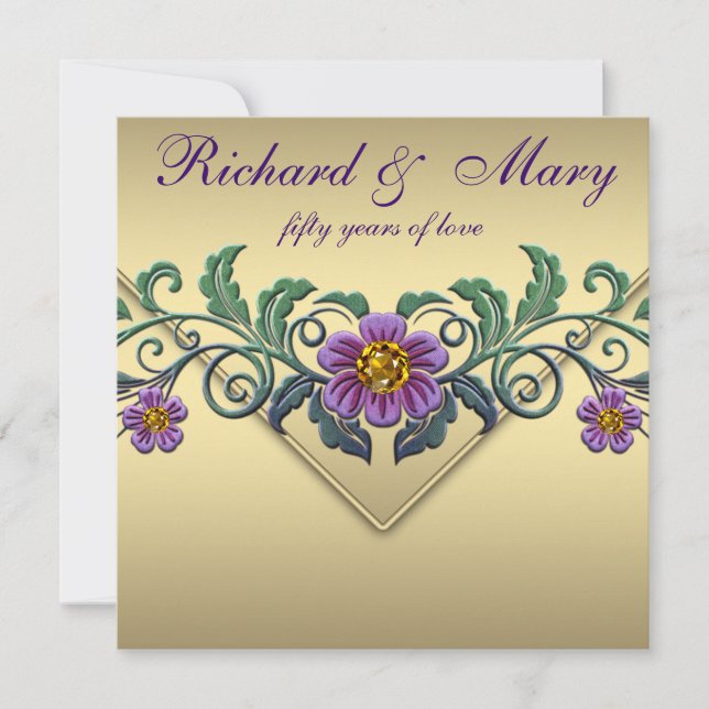 Invitación Oro púrpura Petunia 50 años Boda (Anverso)