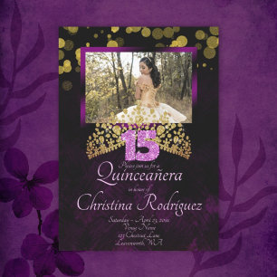Invitación Oro, púrpura, quinceañera rosada con Tiara