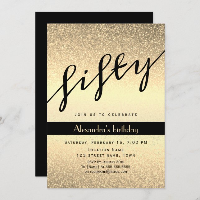 Invitación Oro purpurina 50 cumpleaños (Anverso / Reverso)