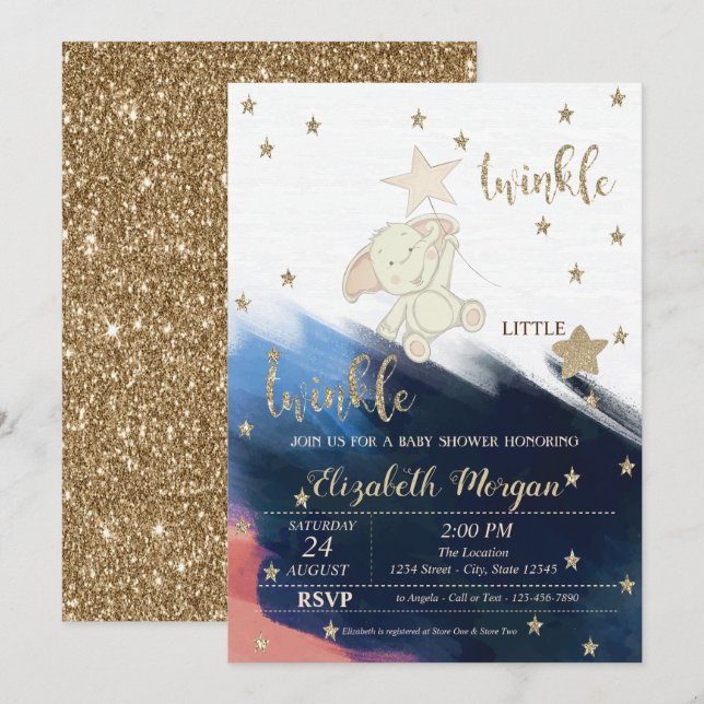 Invitación Oro Purpurina Oso Baby Shower Twinkle Little Star (Anverso / Reverso)