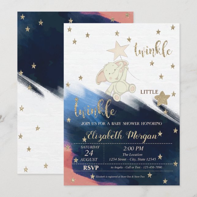Invitación Oro Purpurina Oso Twinkle Little Star Baby Shower (Anverso / Reverso)