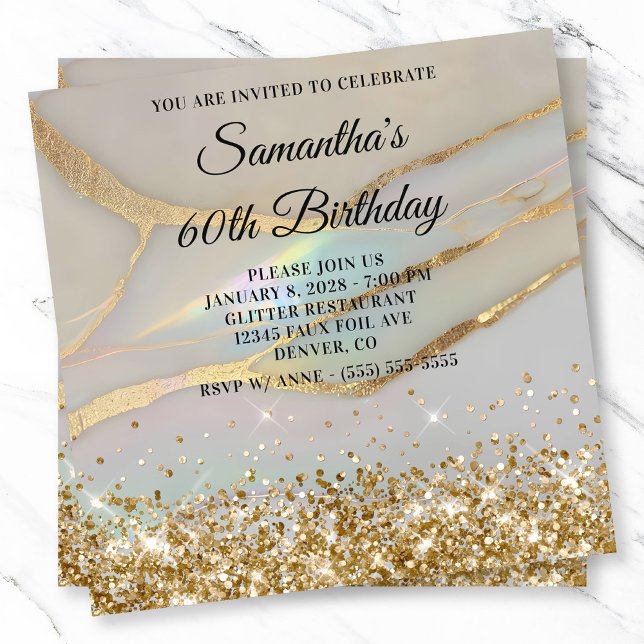 Invitación Oro Purpurinoso Marcado Opal 60 cumpleaños (Glittery Gold Marbled Opal 60th Birthday Invitation)