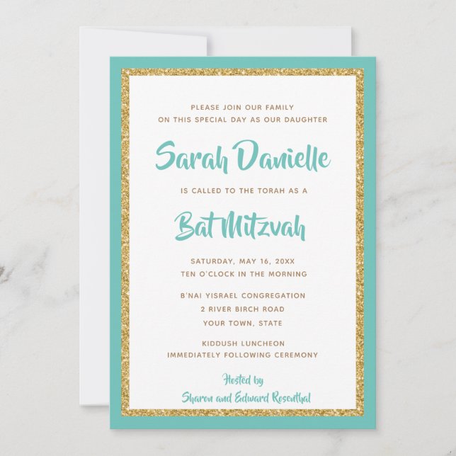 Invitación Oro Purpurinoso y Bat Mitzvah con marco Verde azul (Anverso)
