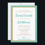 Invitación Oro Purpurinoso y Bat Mitzvah con marco Verde azul<br><div class="desc">Esta invitación a la moda de Bat Mitzvah presenta un purpurina falso y brillante en una capa sobre un fondo de color sólido. Utilice el formulario de plantilla para agregar su propia información. Los menús de edición avanzados se pueden utilizar para cambiar el estilo de fuente, el color y el...</div>