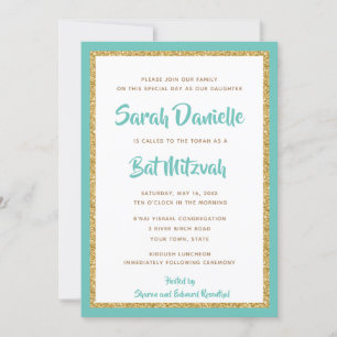Invitación Oro Purpurinoso y Bat Mitzvah con marco Verde azul