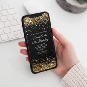 Invitación Oro Purpurinoso y cumpleaños 18 negro