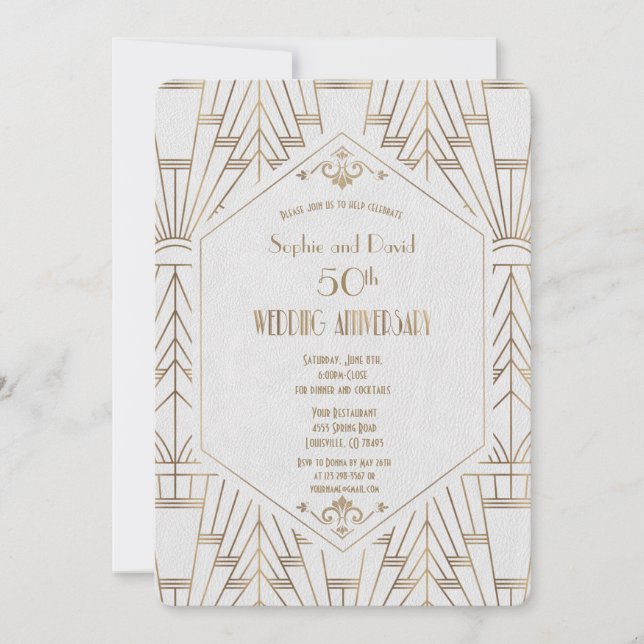 Invitación Oro Real Blanco Gran Boda Aniversario Gatsby (Anverso)