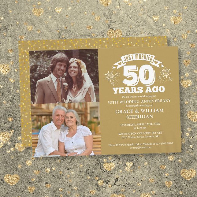 Invitación Oro recién casado 50 años de Boda 2 foto (Gold Just Married 50th Wedding Anniversary 2 Photo Invitation)