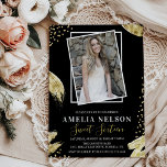 Invitación Oro Resumen Foto Dulce 16 Cumpleaños<br><div class="desc">Una invitación de cumpleaños de fotos de moda, abstracta y dulce, con 16 fotos, que incluye una imagen del chica de cumpleaños o del niño, un fondo negro que se puede cambiar a cualquier color, trazos de pintura dorada y confetti purpurina de oro como decoración con una plantilla moderna de...</div>