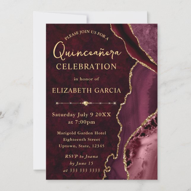 Invitación Oro Rojo Agata Brillo Quinceañera (Anverso)