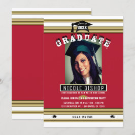 Invitación Oro Rojo Blanco Elegante Foto Fiesta de Graduación