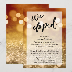 Invitación Oro Rojo Bokeh Brillo Nos Fugamos, Celebración