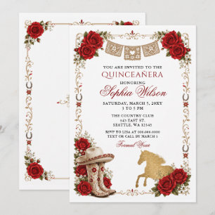 Invitación Oro Rojo Caballo Occidental Floral Charra Quinceañ